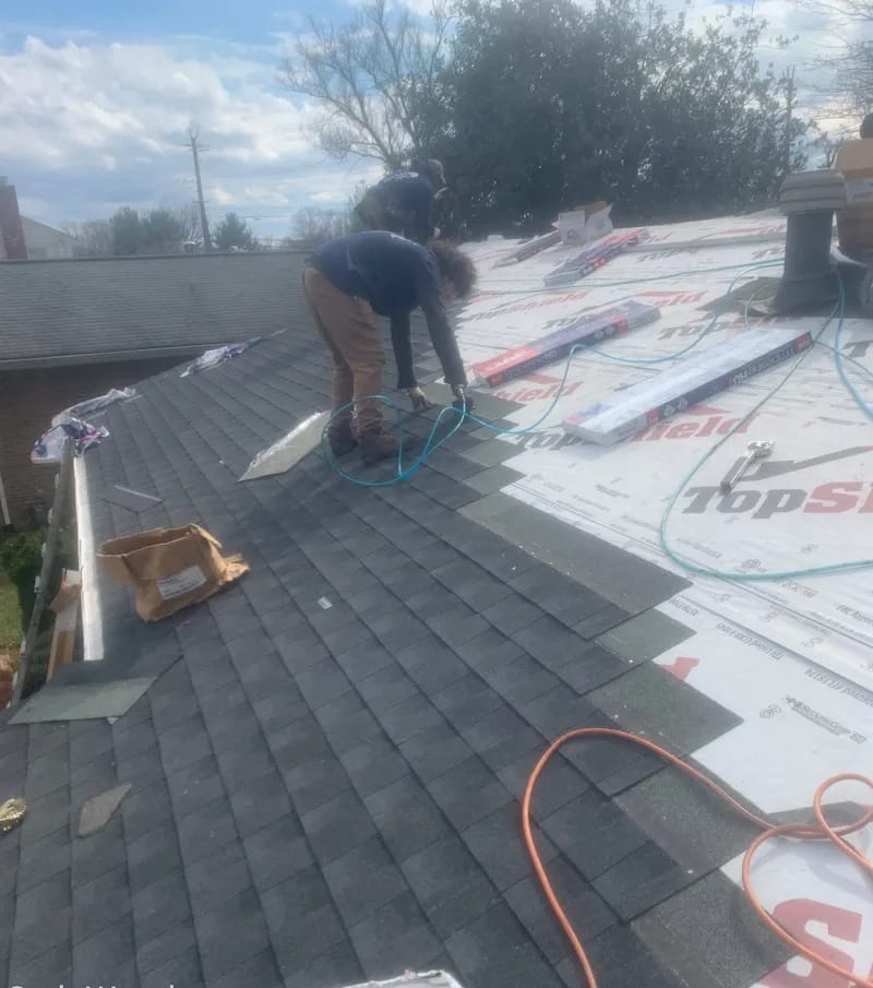 A detached shed with a green standing seam metal roof.