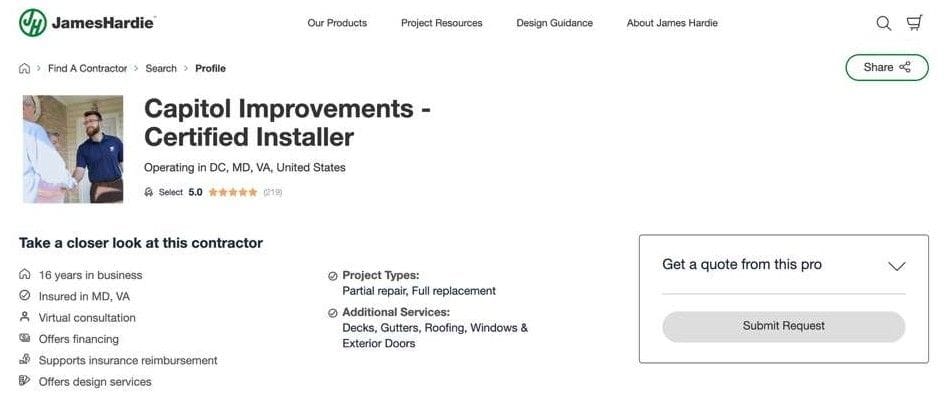 Screenshot showing Capitol Improvmeents is one of the only 5-star James Hardie partner in the contractor alliance program.