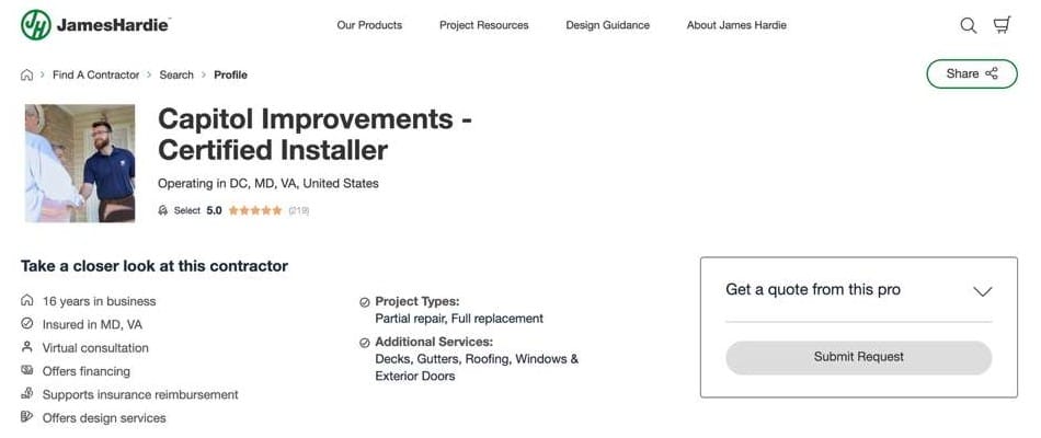 Screenshot showing Capitol Improvmeents is one of the only 5-star James Hardie partner in the contractor alliance program.